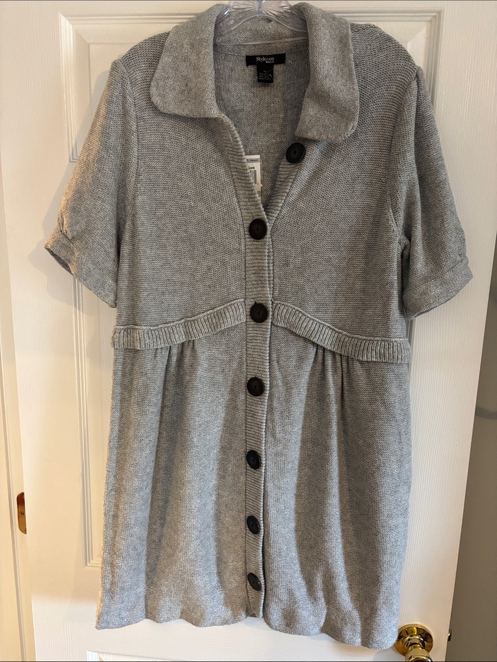 Style & Co. Gray Short-Sleeve Button-Front Knit Cardigan Dress